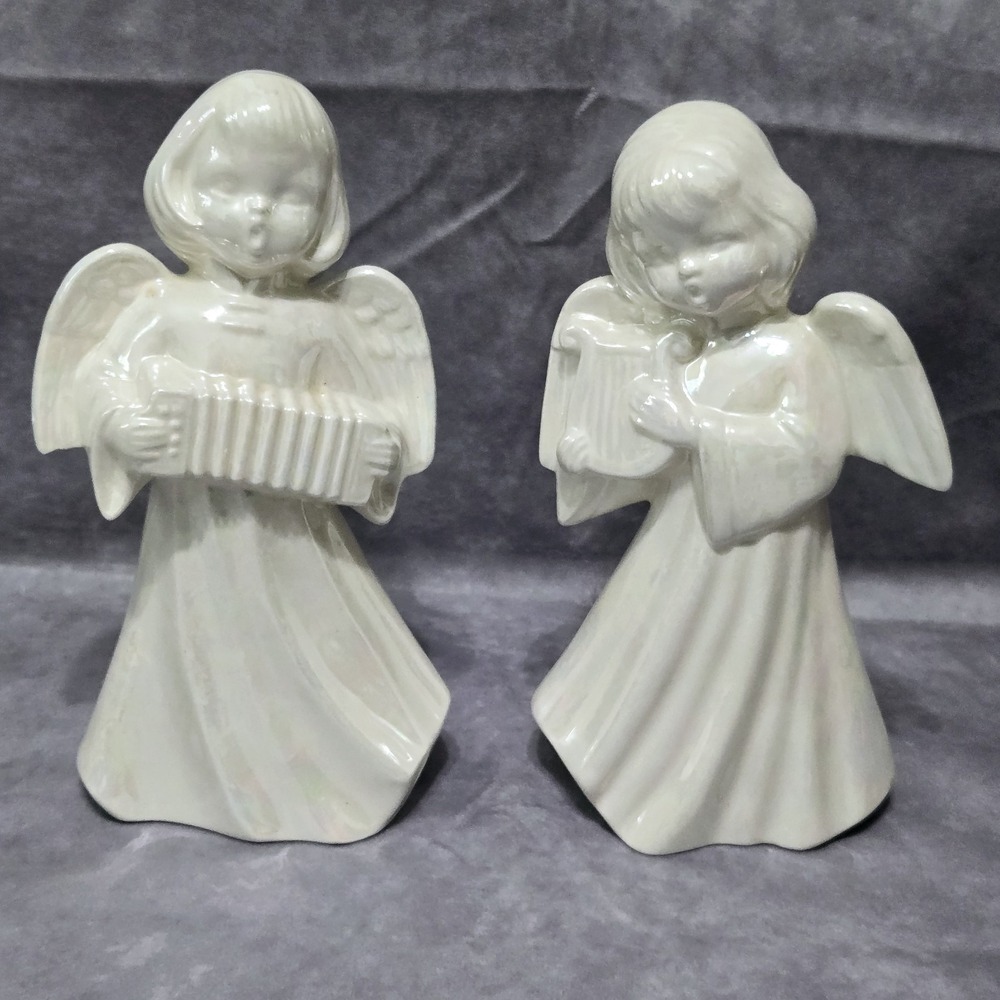 Vintage Porcelain Angel Figurine Set Accordian Harp White Ceramic Holiday 8"